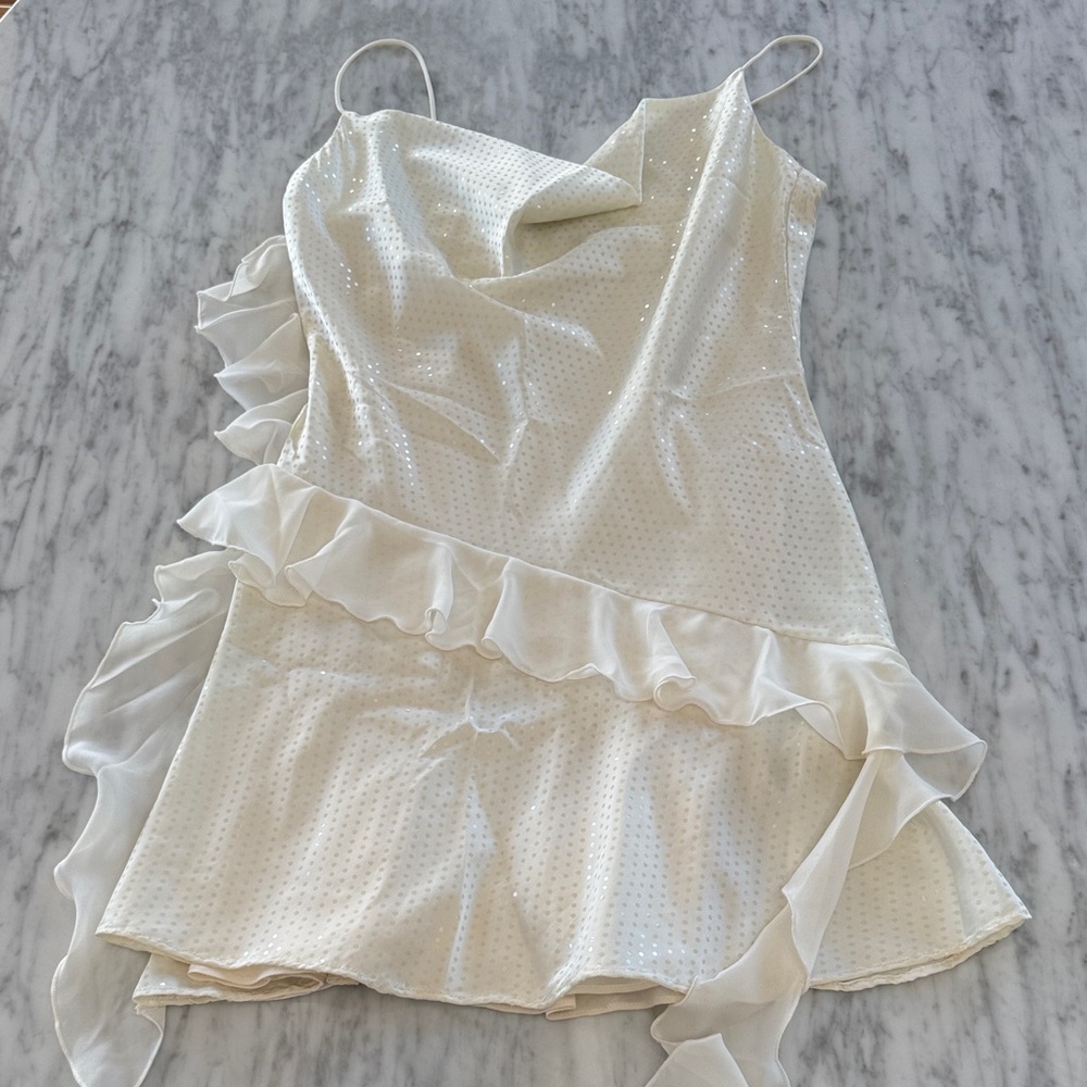 Zara off white Sequin ruffle Slip Dress. XS